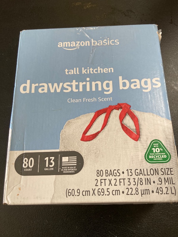 Photo 1 of Amazon Basics 13 Gallon Tall Kitchen Drawstring Trash Bags, Clean Fresh Scent, 10% Post Consumer Recycled, 80 count