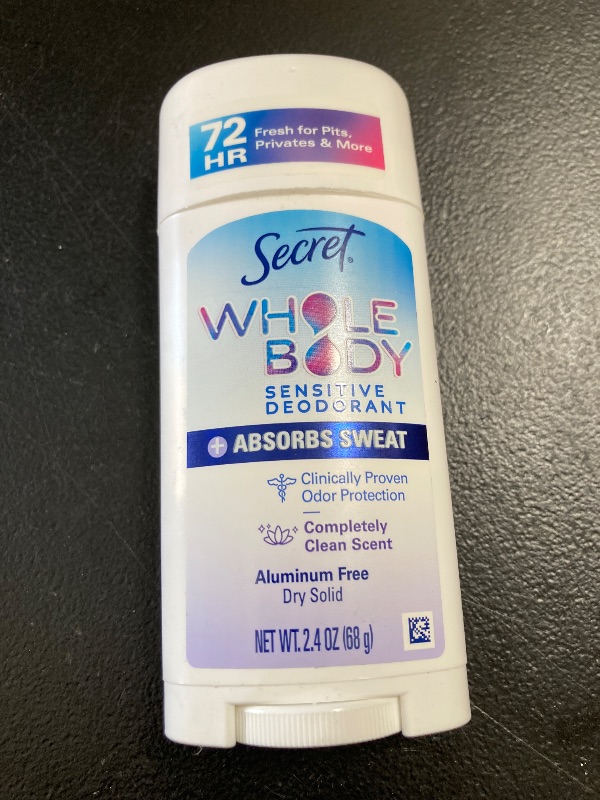 Photo 1 of Secret Whole Body Deodorant Dry Feel Stick + Absorbs Sweat for Women, Naturally Derived Ingredients, Completely Clean Scent, Aluminum Free Deodorant Stick, 72 HR Odor Protection, 2.4 oz