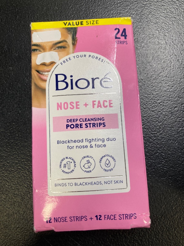 Photo 1 of Bioré Nose+Face Blackhead Remover Strips, Deep Cleansing Strips for Nose, Chin, or Forehead, Instant Blackhead Removal and Pore Unclogging, Oil-free, Non-Comedogenic Use, Value Size 24 Count
