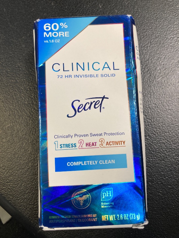 Photo 1 of Secret Clinical Strength Antiperspirant Deodorant for Women, 3X Stress Protection, 72hr Sweat & Odor Protection, PH Balancing Minerals, Invisible Solid, Completely Clean Scent, 2.6 oz