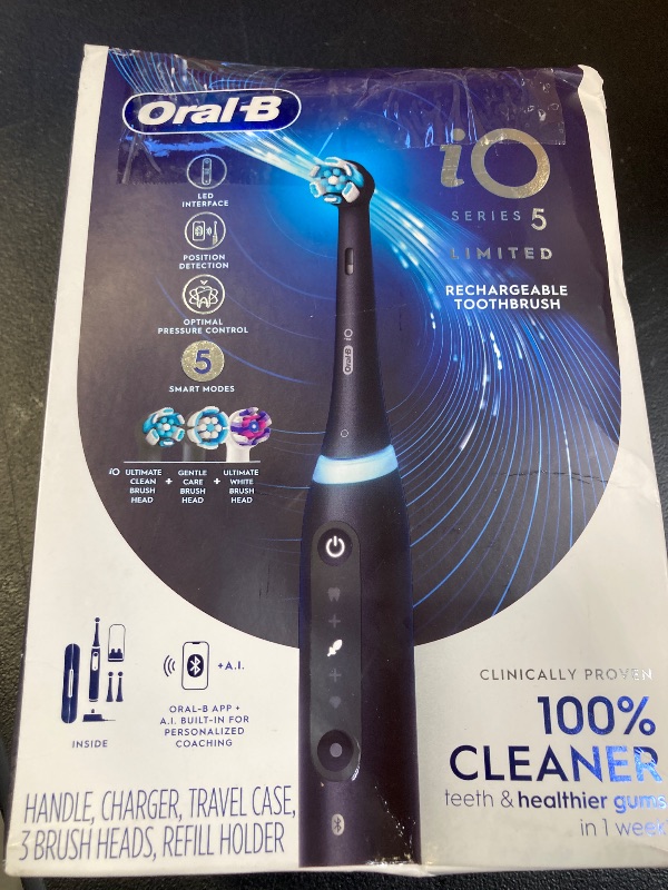 Photo 1 of Oral-B iO Deep Clean + Whiten Rechargeable Electric Toothbrush with Visible Pressure Sensor, 2 Minute Timer, 5 Cleaning Settings, 1 iO5 Limited, 3 Toothbrush Heads, Travel Case & Refill Holder, Black