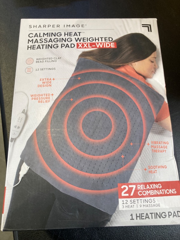 Photo 1 of Calming Heat XXL-Wide Massaging Weighted Heating Pad by Sharper Image- Electric Heating Pad with Massaging Vibrations, Auto-Off, 12 Settings- 3 Heat, 9 Massage- 27 Relaxing Combos, 20” x 24”, 5 lbs