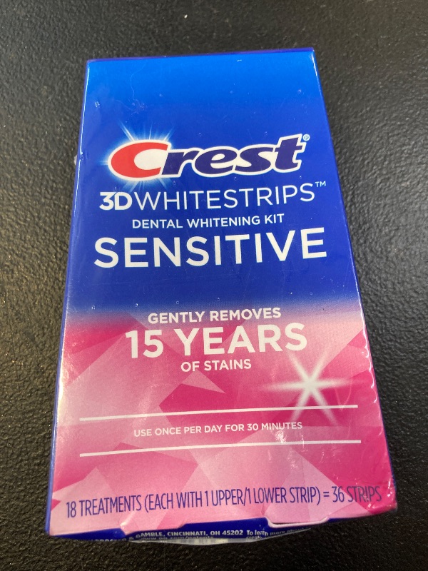 Photo 1 of Crest 3D Whitestrips Sensitive At-Home Teeth Whitening Kit, 18 Treatments, Gently Removes 15 Years of Stains, Crest Whitestrips, Teeth Whitening Kit