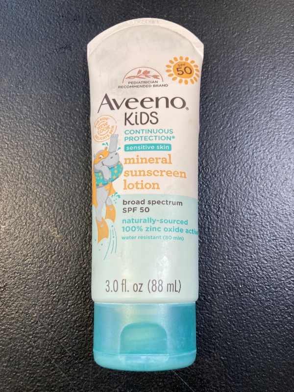 Photo 1 of Aveeno Kids Continuous Protection Zinc Oxide Mineral Sunscreen Lotion for Children's Sensitive Skin with Broad Spectrum SPF 50, Tear-Free, Sweat- & Water-Resistant, Non-Greasy, 3 fl. oz