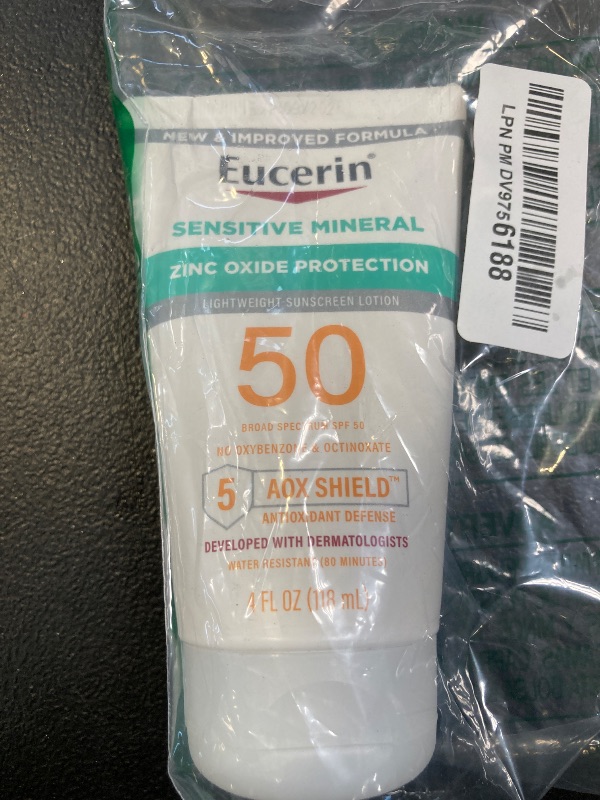 Photo 1 of Eucerin Sun Sensitive Mineral Sunscreen Lotion SPF 50 with Zinc Oxide Protection, Hypoallergenic Sunscreen for Sensitive Skin, Oxybenzone and Octinoxate Free, 4 Fl Oz Tube