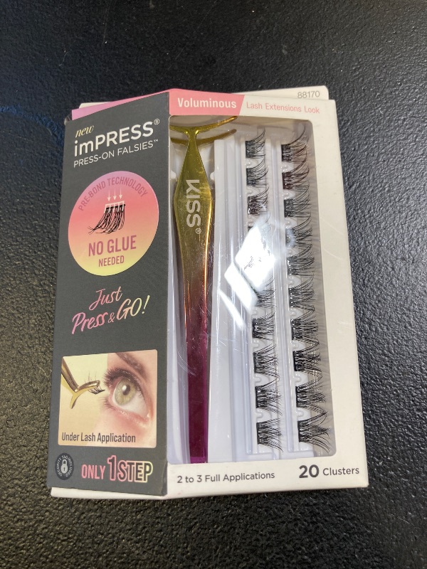 Photo 1 of KISS imPRESS Falsies Self Adhesive Eyelashes, Press On Lashes, 12mm-14mm Glam Volume Lashes, Black, No Glue Needed, Invisible Band, 36 Lash Clusters & Non-Stick Applicator - Voluminous