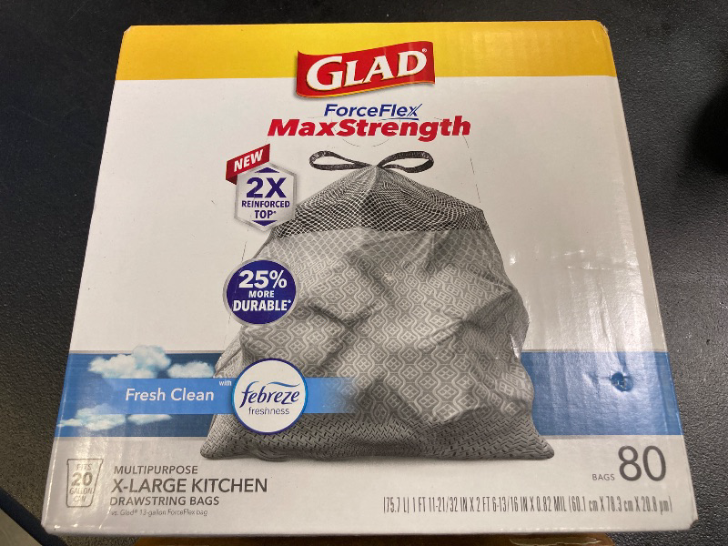 Photo 1 of Glad ForceFlex MaxStrength Kitchen Drawstring Trash Bags, 20 Gal, Fresh Clean, 80 Ct, Pack May Vary