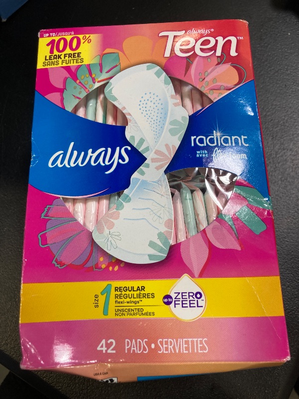 Photo 1 of Always Radiant Teen Feminine Pads with Flex Foam, Size 1, Regular, with Wings, Unscented, 42 CT