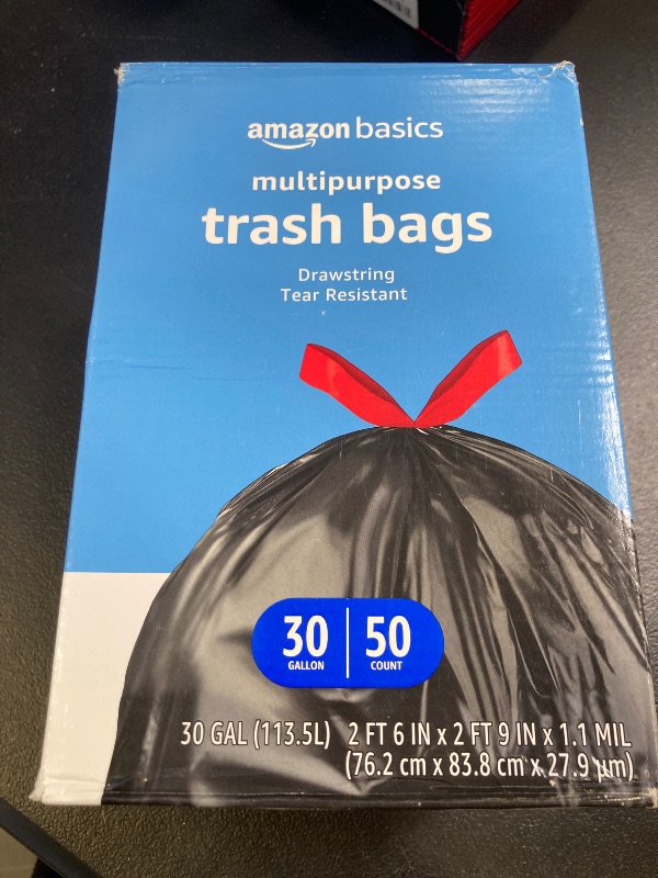 Photo 1 of Amazon Basics Multipurpose Drawstring Trash Bags, 30 Gallon, 50 Count (Previously Solimo)