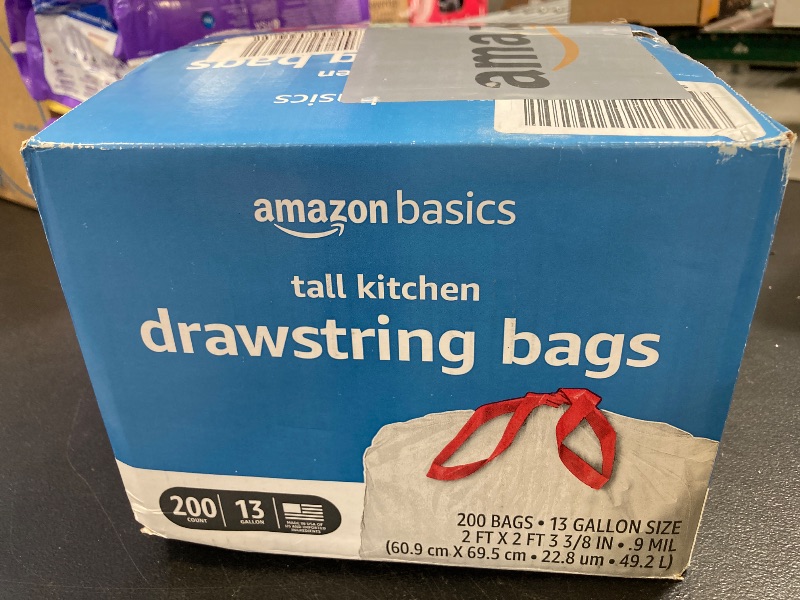 Photo 1 of Amazon Basics Trash Bags, Tall Kitchen Drawstring, Unscented, 13 Gallon, 200 Count, Pack of 1