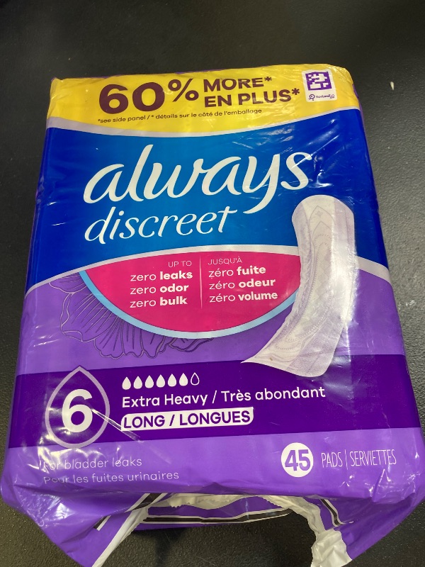 Photo 1 of Always Discreet Adult Incontinence Pads for Women, Extra Heavy Absorbency, Long Length, Postpartum Pads, 45 Count (Packaging May Vary)