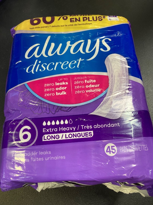 Photo 1 of Always Discreet Adult Incontinence Pads for Women, Extra Heavy Absorbency, Long Length, Postpartum Pads, 45 Count (Packaging May Vary)