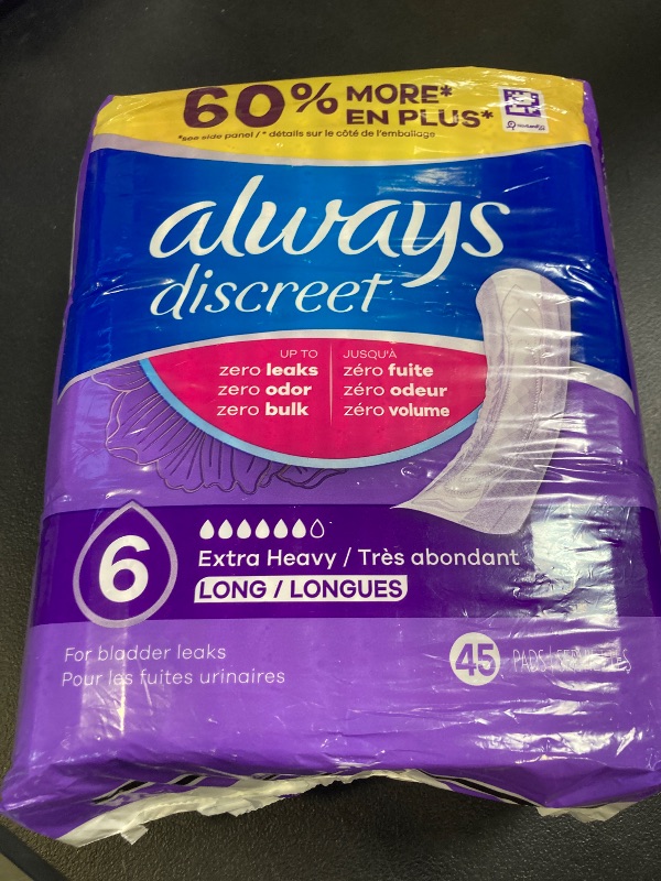 Photo 1 of Always Discreet Adult Incontinence Pads for Women, Extra Heavy Absorbency, Long Length, Postpartum Pads, 45 Count (Packaging May Vary)