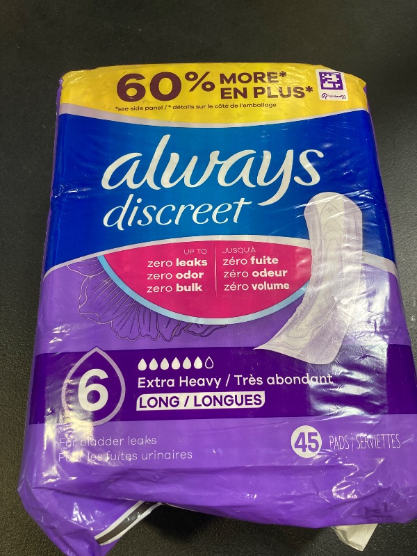 Photo 1 of Always Discreet Adult Incontinence Pads for Women, Extra Heavy Absorbency, Long Length, Postpartum Pads, 45 Count (Packaging May Vary)