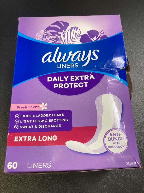 Photo 1 of Always Daily Extra Protect Liners, Extra Long Length, Scented Panty Liners, Feel Clean and Comfortable for up to 10 Hours, 60 Count (Packaging May Vary)