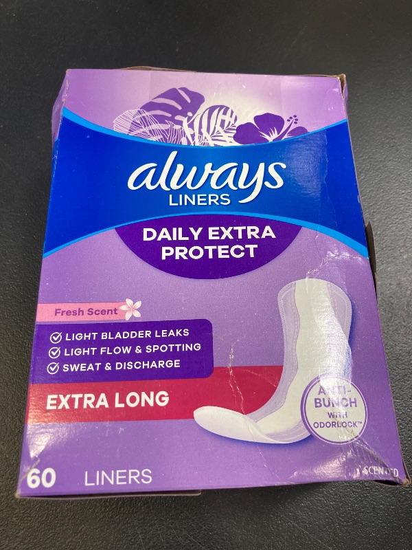 Photo 1 of Always Daily Extra Protect Liners, Extra Long Length, Scented Panty Liners, Feel Clean and Comfortable for up to 10 Hours, 60 Count (Packaging May Vary)