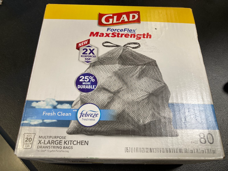 Photo 1 of Glad Force Flex Max Strength Kitchen Drawstring Trash Bags, 20 Gal, Fresh Clean, 80 Ct, Pack May Vary