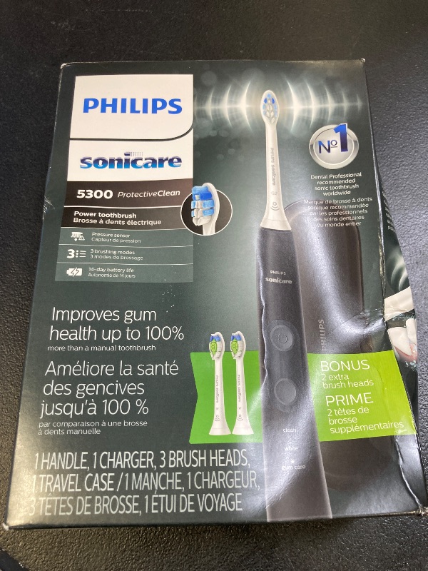 Photo 1 of Philips Sonicare ProtectiveClean 5300 Rechargeable Electric Toothbrush, with Pressure Sensor, 3 Cleaning Modes, SmarTimer and QuadPacer, with 2 Bonus Brush Heads, Travel Case, Black, Model HX6423/34