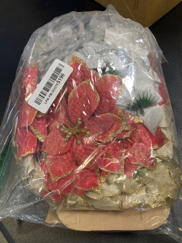 Photo 1 of WILLBOND 45 Pieces Christmas Poinsettia Decorations Glitter Poinsettia Flowers Christmas Tree Flowers for Xmas Tree Ornaments, 5 Inch(Gold, Silver, Red)