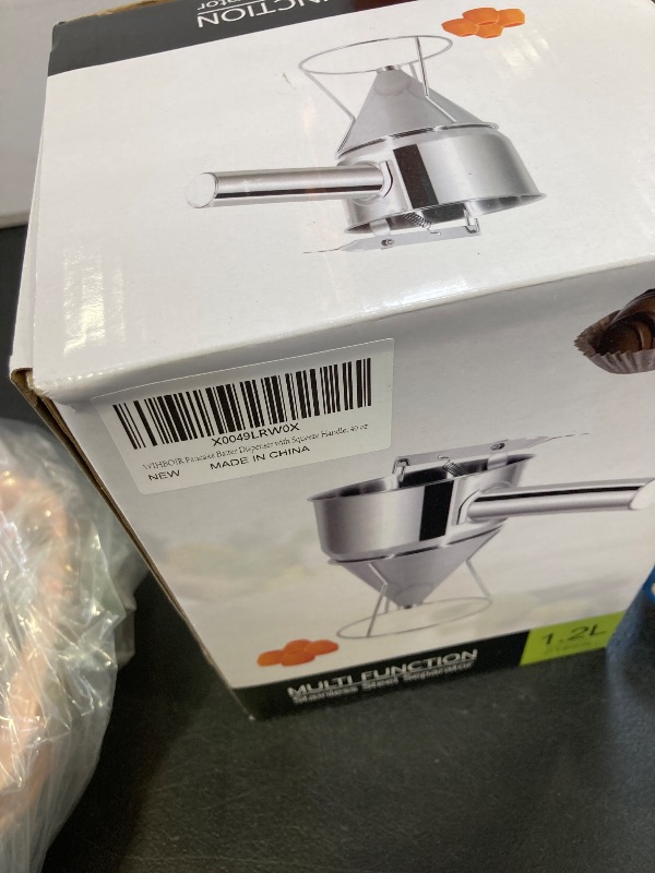 Photo 1 of WIHBOIR Stainless Steel Pancake Batter Dispenser with Squeeze Handle and Multi-Nozzle, for Pancakes, Cupcakes, and Baked Goods. 40 oz