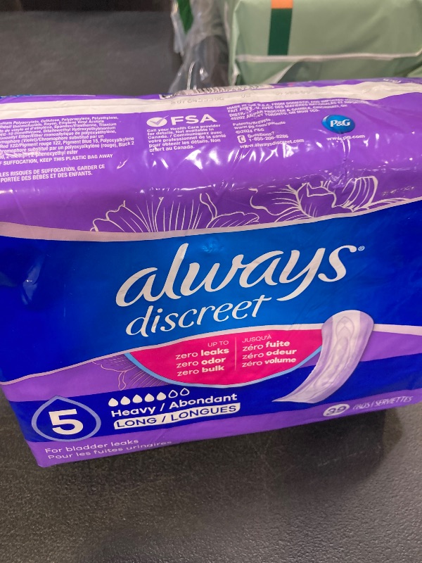 Photo 1 of Always Discreet Adult Incontinence Pads for Women, Heavy Absorbency, Long Length, Postpartum Pads, Up to 100% Bladder Leak Protection, 39 Count (Packaging May Vary)