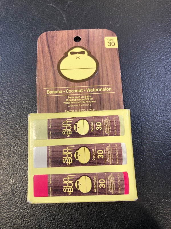 Photo 1 of Sun Bum SPF 30 Sunscreen Lip Balm 3 Flavor Variety Pack - Coconut, Banana, Watermelon - Moisturizing Aloe Vera and Vitamin E - Vegan and Cruelty Free - UVA/UVB Lip Protection - 0.15 oz , 3 ct