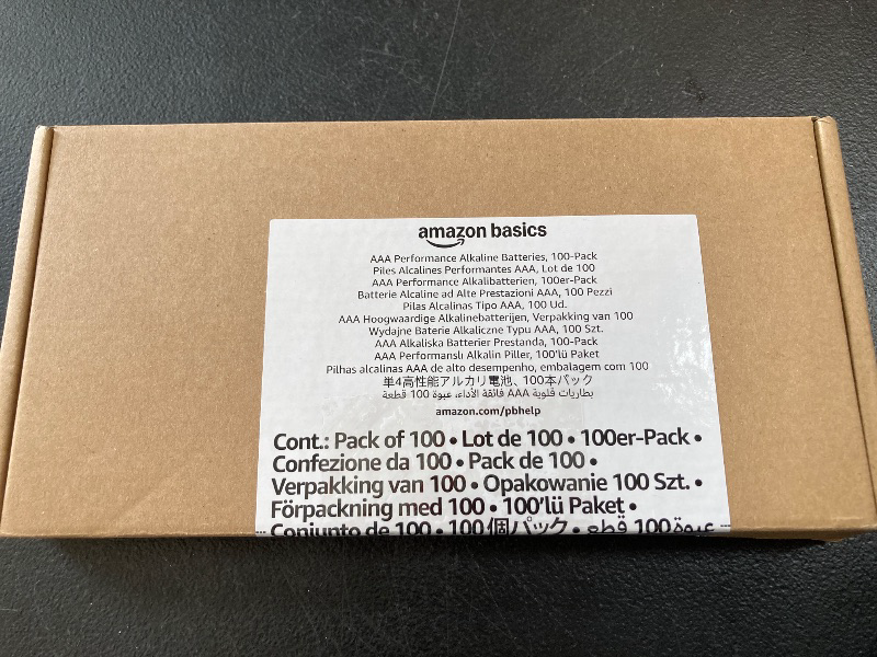 Photo 1 of Amazon Basics AAA Alkaline High-Performance Batteries, 1.5 Volt, 10-Year Shelf Life, 100 Count (Pack of 1)