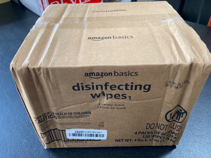 Photo 1 of Amazon Basics Disinfecting Wipes, Lemon & Fresh Air Scent, Sanitizes/Cleans/Disinfects/Deodorizes, 320 Count (4 Packs of 80)