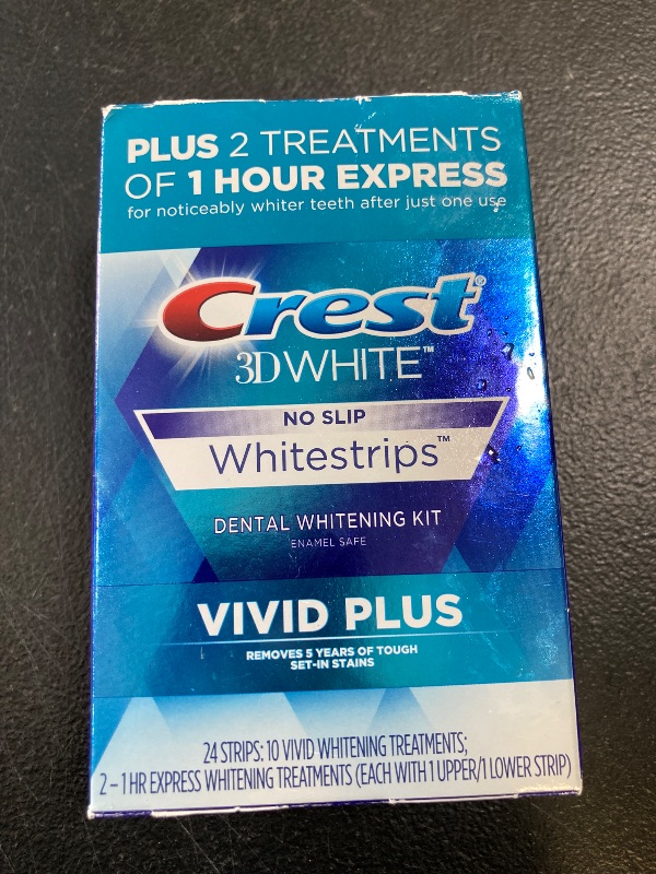 Photo 1 of Crest 3DWhitestrips Vivid Plus Whitestrips 3D White, 10 Treatments + 1 Hour Express 2 Treatments Teeth Whitening Kit, 8 Levels Whiter, Crest Teeth Whitening Strips