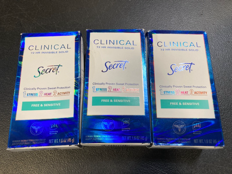 Photo 1 of Secret Clinical Strength Antiperspirant Deodorant for Women, Free & Sensitive, 3X Stress Protection, 72hr Sweat & Odor Protection, PH Balancing Minerals, Invisible Solid, Unscented, 1.6 oz (Pack of 3)