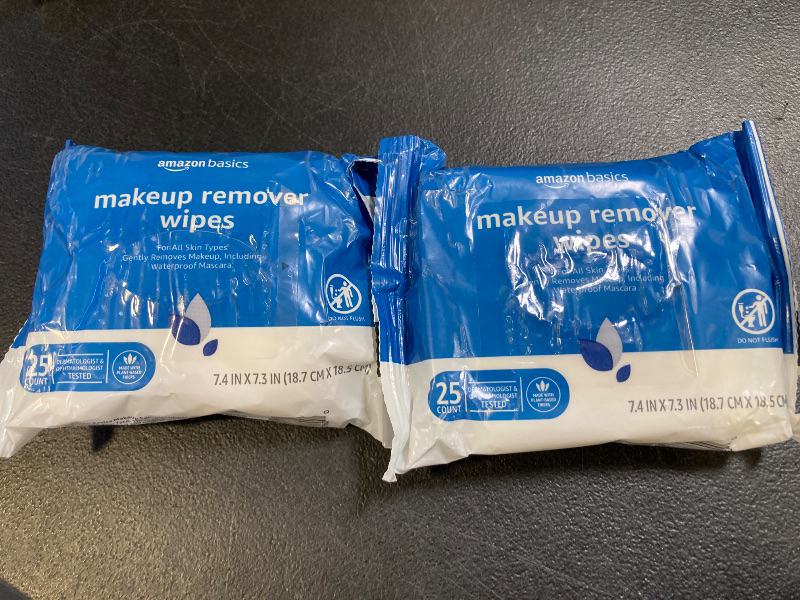 Photo 1 of Amazon Basics Makeup Remover Wipes, Gentle Cleansing, Dermatologist Tested, Original, Plant Based, Alcohol Free, Removes Waterproof Mascara, 25 Count Per Pack, Pack of 2 
