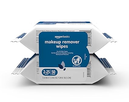 Photo 1 of Amazon Basics Makeup Remover Wipes, Gentle Cleansing, Dermatologist Tested, Original, Plant Based, Alcohol Free, Removes Waterproof Mascara, 25 Count Per Pack, Pack of 2 