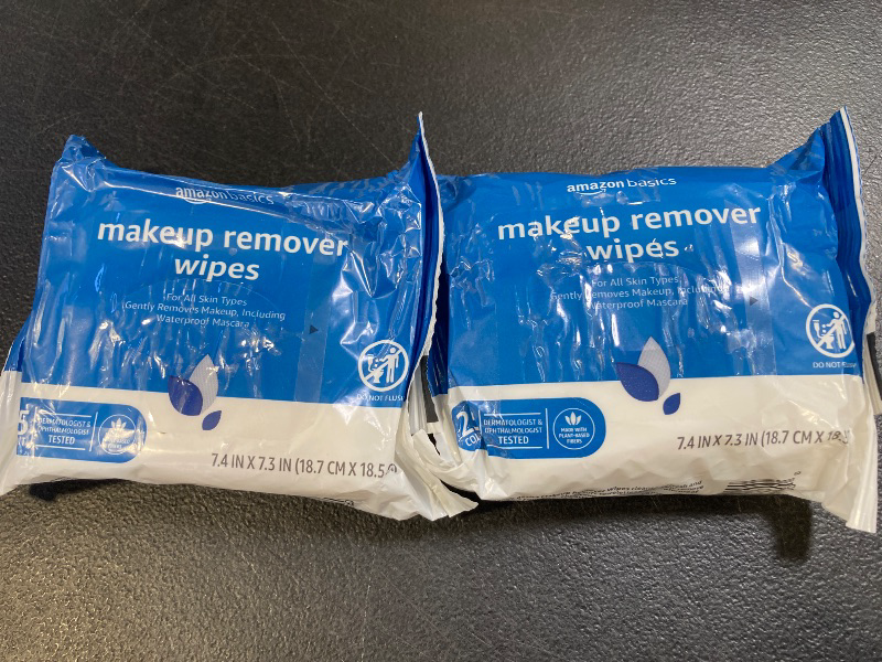 Photo 1 of Amazon Basics Makeup Remover Wipes, Gentle Cleansing, Dermatologist Tested, Original, Plant Based, Alcohol Free, Removes Waterproof Mascara, 25 Count Per Pack, Pack of 2
