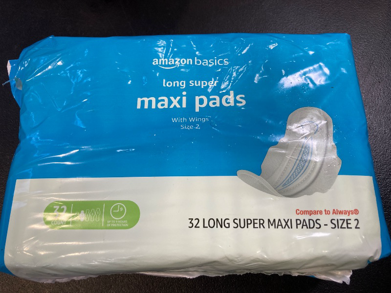 Photo 1 of Amazon Basics Thick Maxi Pads with Flexi-Wings for Periods, Long Length, Super Absorbency, Unscented, Size 2, 32 Count, 1 Pack (Previously Solimo)