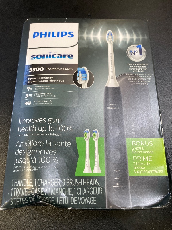 Photo 1 of Philips Sonicare ProtectiveClean 5300 Rechargeable Electric Toothbrush, with Pressure Sensor, 3 Cleaning Modes, SmarTimer and QuadPacer, with 2 Bonus Brush Heads, Travel Case, Black, Model HX6423/34