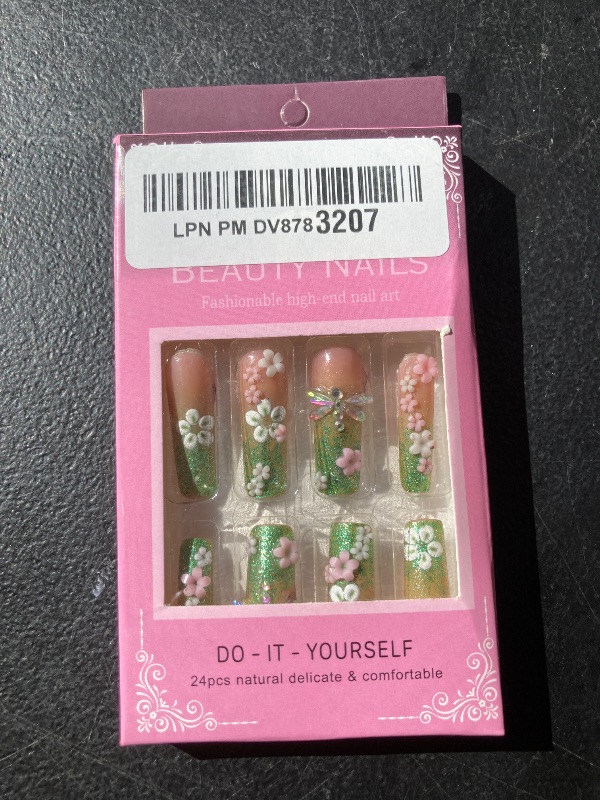 Photo 1 of 48 Pcs Pink Press on Nails Long Square & Press on Toenails Set - YEFIUO Green French Fake Nails Press ons Nail Art Tips Glue on Nails Full Cover Acrylic Nail Kit False Toe Nails with 3D Flowers Design