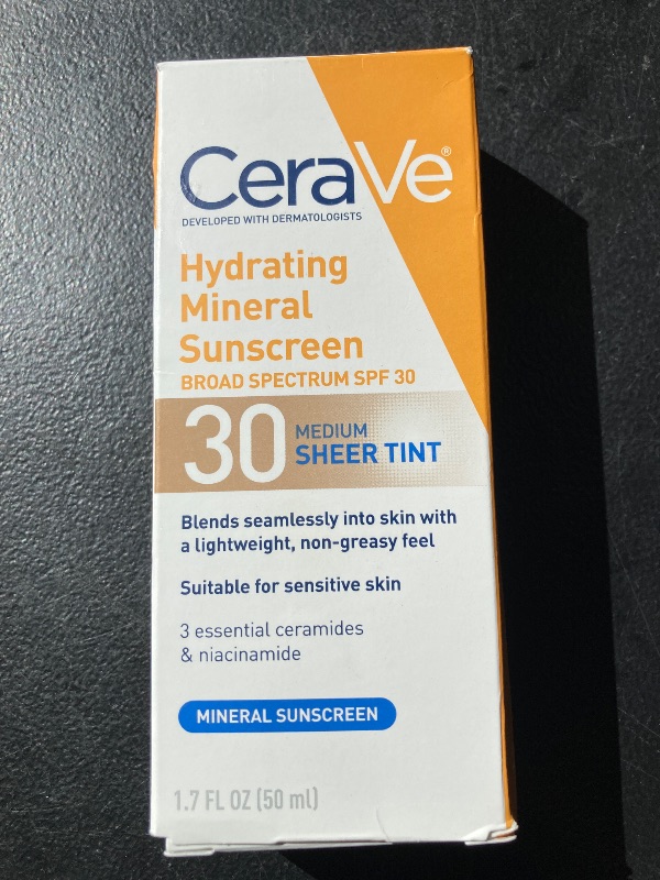 Photo 1 of CeraVe Hydrating Mineral Sunscreen SPF 30 with Sheer Tint, Tinted Mineral Sunscreen with Zinc Oxide & Titanium Dioxide, Blends Seamlessly For Healthy Glow, Medium, 1.7 Fluid Ounce