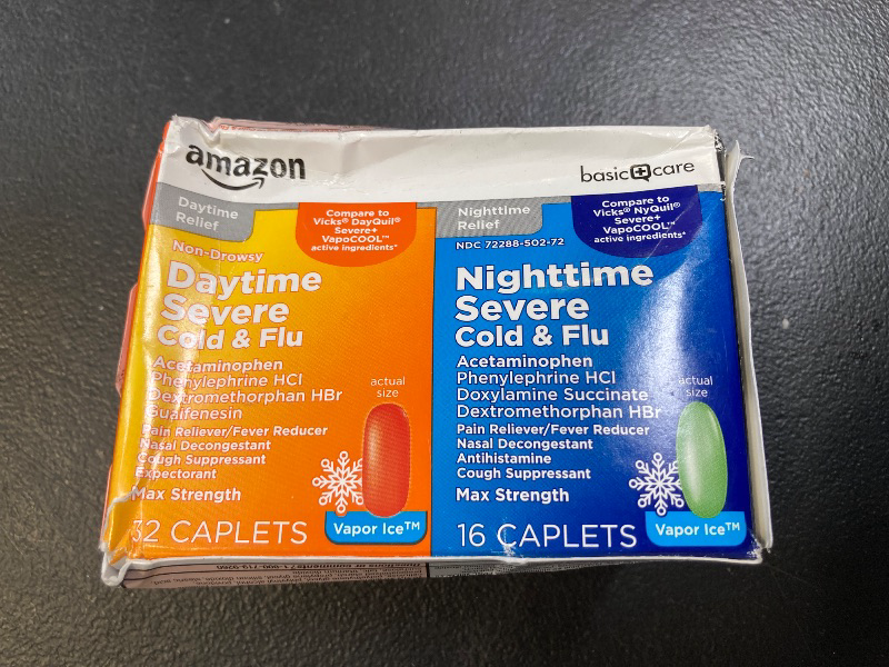 Photo 1 of Amazon Basic Care Vapor Ice Day and Night Severe Cold and Flu Relief Caplets, Maximum Strength Medicine, Combo Pack, 48 Count