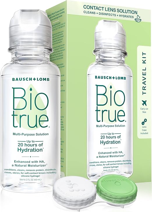 Photo 1 of Biotrue Contact Solution, Multi-Purpose Solution with Lens Case, Cleans, Conditions, Hydrates, Disinfects, Removes Protein, Dirt & Debris, Contact Lens Cleaner & Storage, 2 Fl Oz (Pack of 1)