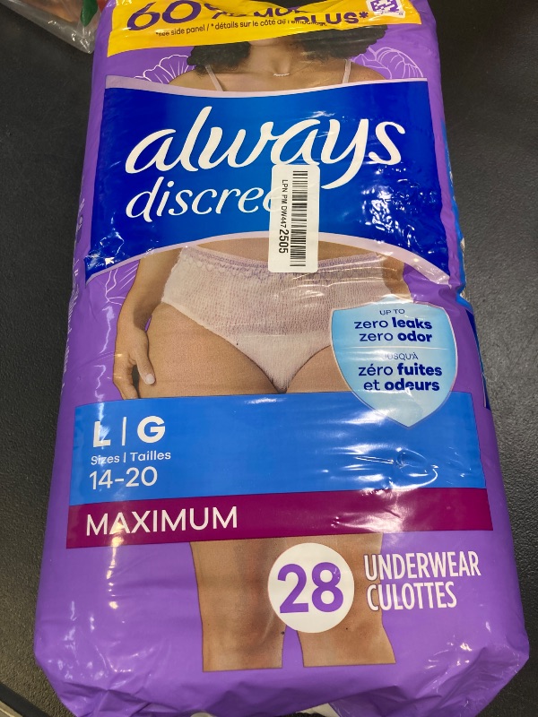 Photo 1 of Always Discreet Adult Incontinence Underwear for Women and Postpartum Underwear, L, Up to 100% Bladder Leak Protection, 28 Count (Packaging May Vary)