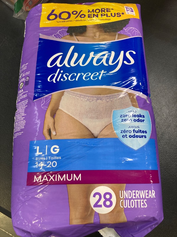 Photo 1 of Always Discreet Adult Incontinence Underwear for Women and Postpartum Underwear, L, Up to 100% Bladder Leak Protection, 28 Count (Packaging May Vary)