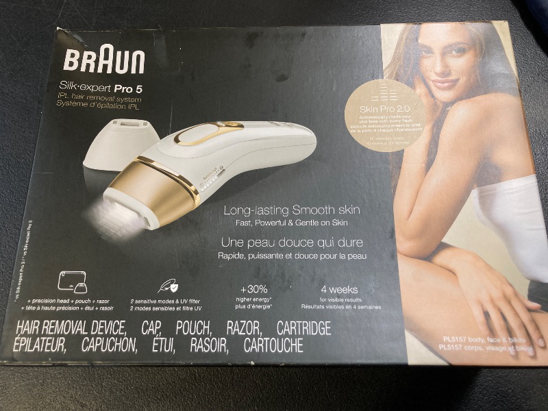 Photo 1 of Braun IPL Silk·Expert Pro 5 PL5157 Latest Generation IPL, Permanent Visible Hair Reduction, Holiday Gifts for Women and Men, at-Home Hair Removal System with Soft Pouch and Precision Head