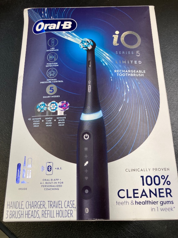 Photo 1 of Oral-B iO Deep Clean + Whiten Rechargeable Electric Toothbrush with Visible Pressure Sensor, 2 Minute Timer, 5 Cleaning Settings, 1 iO5 Limited, 3 Toothbrush Heads, Travel Case & Refill Holder, Black