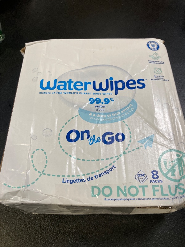 Photo 1 of WaterWipes On The Go Wipes, 99.9% Water-Based Wipes for Travel, Sports, and to Refresh Skin, Unscented & Hypoallergenic, 224 Count (8 Packs), Packaging May Vary