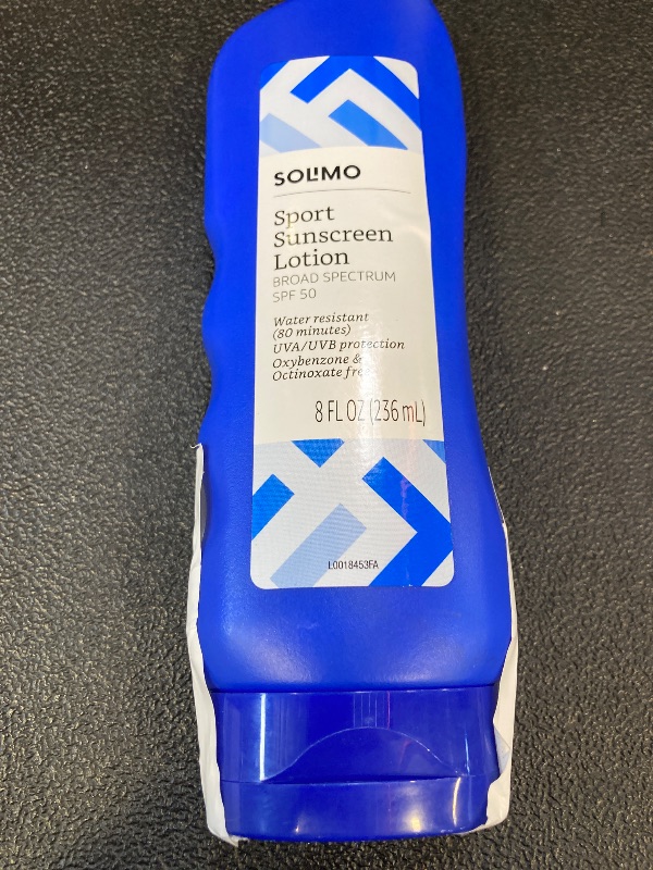 Photo 1 of Amazon Brand - Solimo Sport Sunscreen Lotion, SPF 50, Reef Friendly (Octinoxate & Oxybenzone Free), Broad Spectrum UVA/UVB Protection, 8 Fluid Ounce