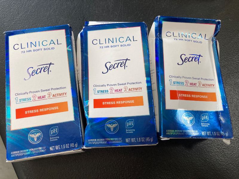 Photo 1 of Secret Clinical Strength Antiperspirant Deodorant for Women, Stress Response, 3X Stress Protection, 72hr Sweat & Odor Protection, PH Balancing Minerals, Soft Solid, 1.6 oz (Pack of 3)