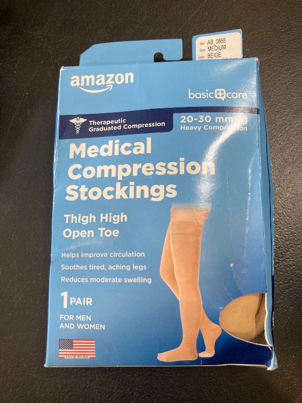 Photo 1 of Amazon Basic Care Medical Compression Stockings, 20-30 mmHg Support, Women & Men Thigh Length Hose, Open Toe, Beige, Medium (Previously NuVein)