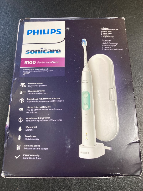 Photo 1 of Philips Sonicare ProtectiveClean 5100 Rechargeable Electric Toothbrush, with Pressure Sensor, 3 Cleaning Modes, SmarTimer and QuadPacer, 14-Day Battery Life, Travel Case, White, Model HX6857/11