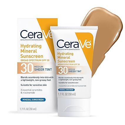 Photo 1 of CeraVe Hydrating Mineral Sunscreen SPF 30 with Sheer Tint, Tinted Mineral Sunscreen with Zinc Oxide & Titanium Dioxide, Blends Seamlessly For Healthy Glow, Medium, 1.7 Fluid Ounce
