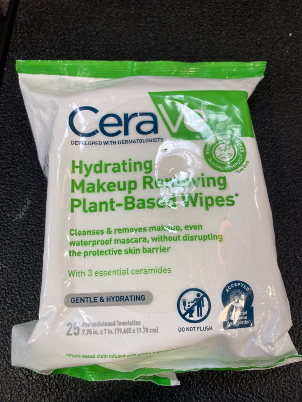 Photo 1 of CeraVe Makeup Remover Wipes, Plant Based Face Wipes, Biodegradable in Compost, Waterless Face Wash, Travel Essentials for Women, Suitable for Sensitive Skin, Fragrance-free + Non-comedogenic, 25ct